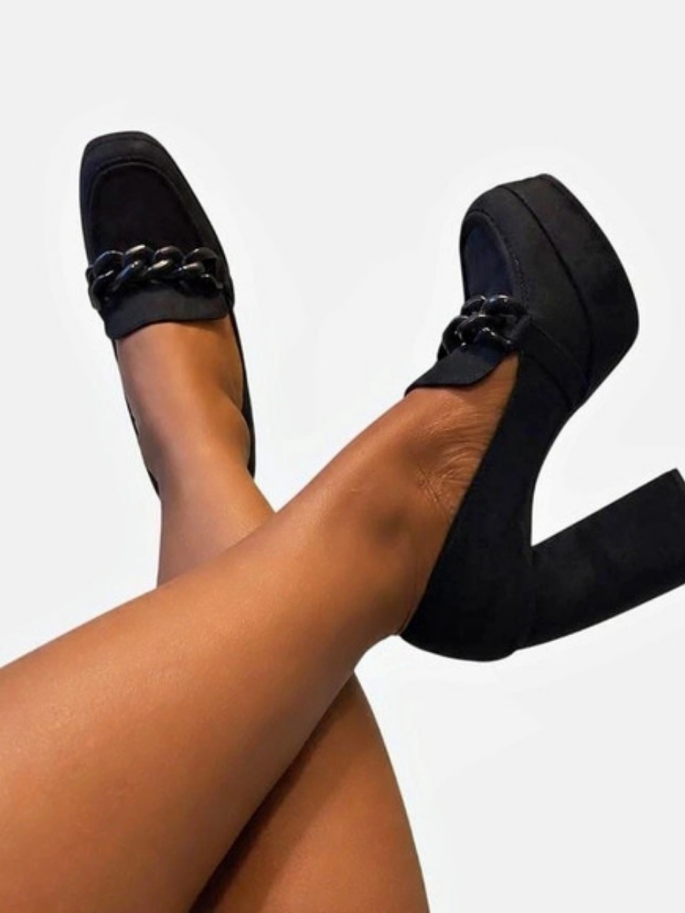 Open Edit Black Suede-Like Platform Chain Loafers Heels – Size 9 (fits 8) *